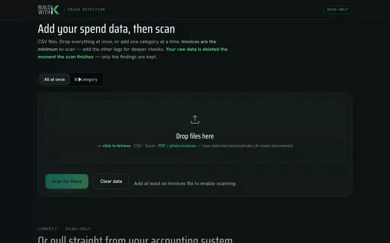 The first working screen: add your spend data, then scan